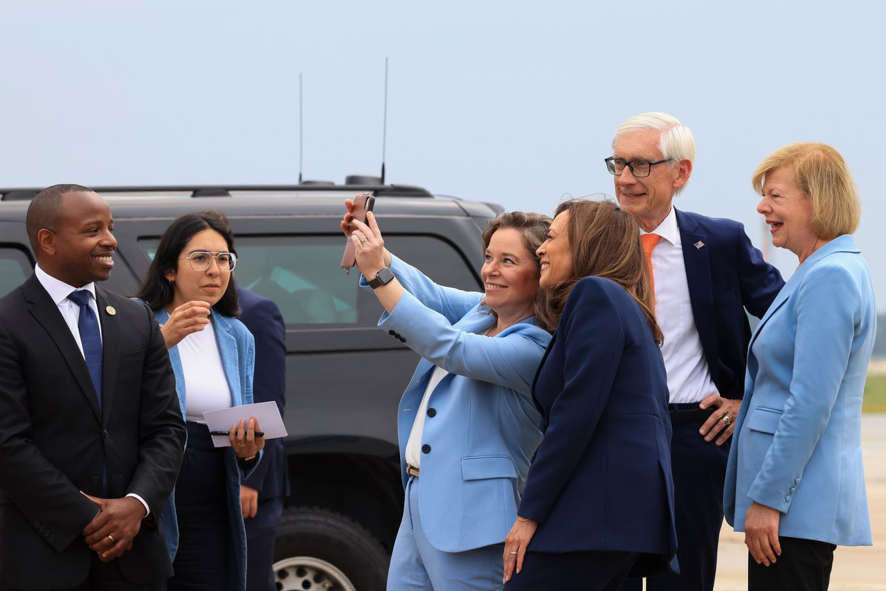 Baldwin, alongside Harris, Gov. Tony Evers and Lt. Gov. Sara Rodriguez not long after Harris took over at the top of the Democratic ticket.