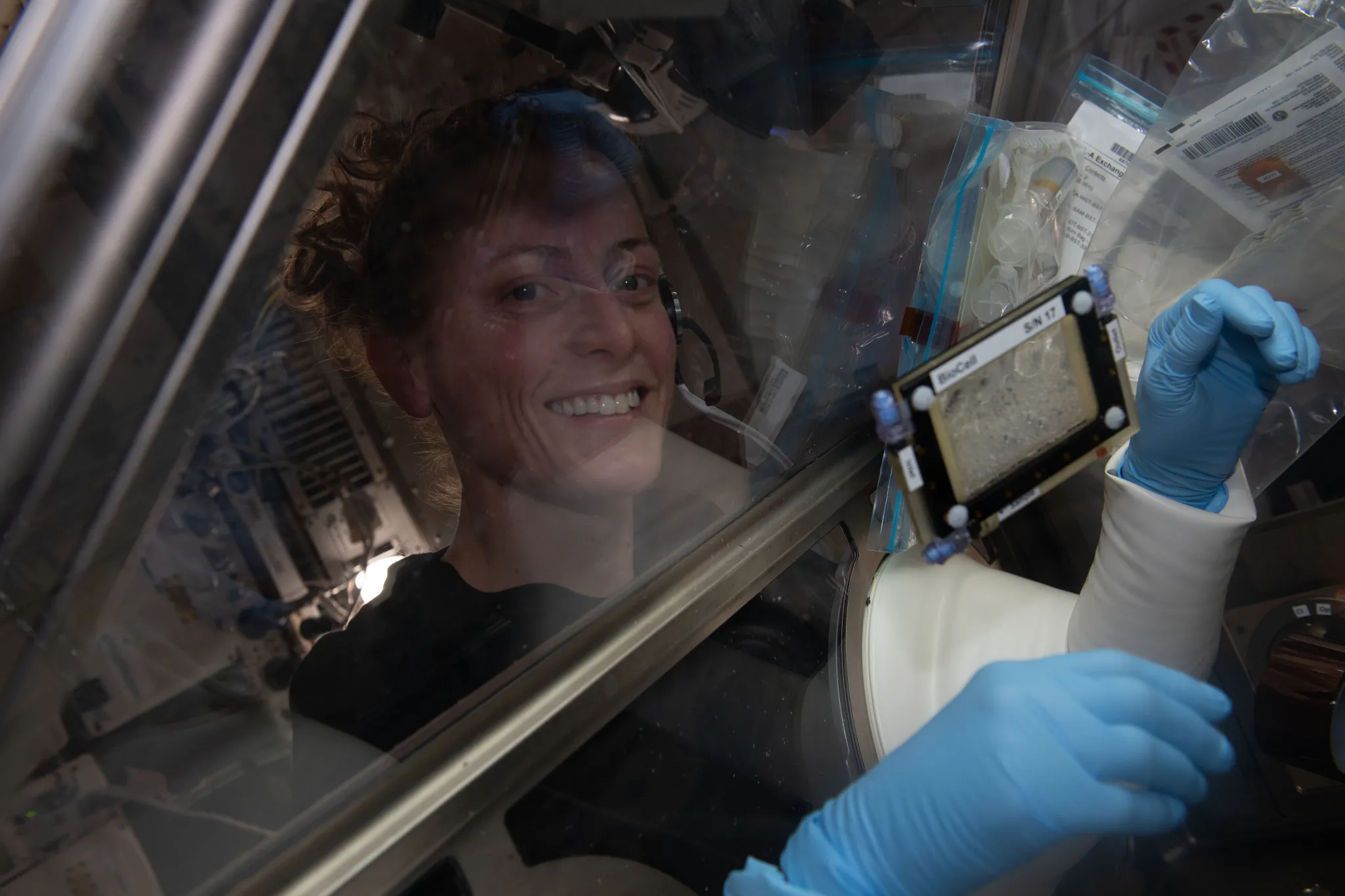 Phi hành gia NASA và Kỹ sư bay của Đoàn thám hiểm 70 Loral O'Hara đang nghiên cứu tế bào xương bên trong Hộp đựng găng tay Khoa học Đời sống nằm bên trong mô-đun phòng thí nghiệm Kibo của Trạm Vũ trụ Quốc tế. O'Hara đang thực hiện cuộc điều tra về Mất xương liên quan đến vi trọng lực-Một cuộc điều tra có thể giúp hiểu rõ hơn về tình trạng mất xương do không gian gây ra và các tình trạng xương liên quan đến lão hóa trên Trái đất.